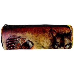 Indian Woman with Wolf Pencil Bag Pen Case Stationary Case Pencil Pouch Desk Organizer Makeup Cosmetic Bag for School Office