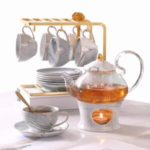 dujust 21 pcs small tea set of 6, gray marble texture with handcraft golden trim, fine porcelain tea pot set for kids&adults, 1 glass teapot(22oz), 6 cups(4oz), 6 saucers, 6 spoons, 1 shelf&1 warmer