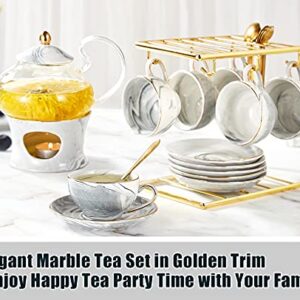 DUJUST 21 pcs Small Tea Set of 6, Gray Marble Texture with Handcraft Golden Trim, Fine Porcelain Tea pot Set for Kids&Adults, 1 Glass Teapot(22oz), 6 Cups(4oz), 6 Saucers, 6 Spoons, 1 Shelf&1 Warmer