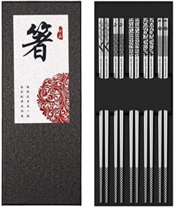 metal chopsticks reusable 18/8 stainless steel chopsticks multipack dishwasher safe chop sticks cute laser engraved non-slip japanese korean chopstick for cooking eating 9 1/4 inches 5 pairs gift set