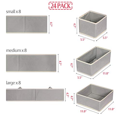 DIOMMELL Set of 24 Foldable Cloth Storage Box Closet Dresser Drawer Organizer Fabric Baskets Bins Containers Divider for Baby Clothes Underwear Bras Socks Lingerie Clothing,Grey 888