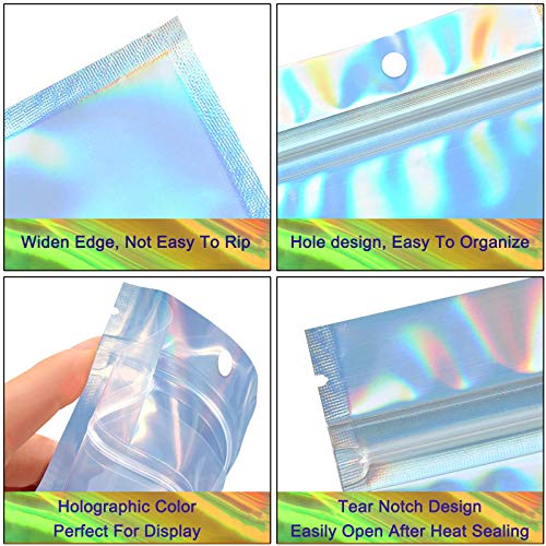 100pcs Holographic Bags Foil Pouch Bag with Zip Lock Resealable Packaging Supplies Decorative Ziplock Bag for Jewelry Lip Gloss Cookie Shipping (Holographic, 3.54"Wx6.30"L)