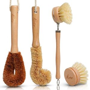 natural kitchen cleaning brush set. eco-friendly wooden brush set for cleaning kitchen dishes, pots & pans. wooden dish brush, pot brush & bottle cleaner. made of beech wood & natural bristles