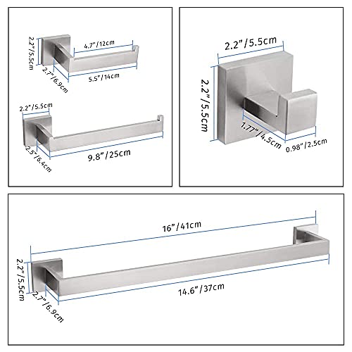 4-Piece Bathroom Hardware Set, Stainless Steel Wall Mounted Square Bathroom Accessories Kit, Include 16 Inch Hand Towel Bar, Toilet Paper Holder, Hand Towel Rack, Towel Hook(Brushed Nickel)