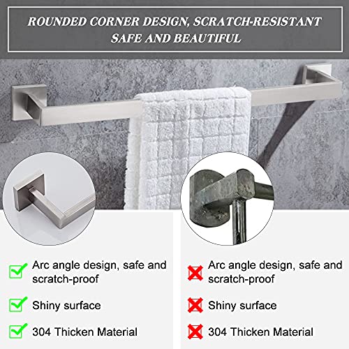 4-Piece Bathroom Hardware Set, Stainless Steel Wall Mounted Square Bathroom Accessories Kit, Include 16 Inch Hand Towel Bar, Toilet Paper Holder, Hand Towel Rack, Towel Hook(Brushed Nickel)