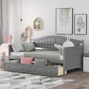 cjc twin daybed with 2 storage drawers, wooden storage daybed frame with slats, sofa bed for bedroom living room, 275 lbs weight limits (gray)