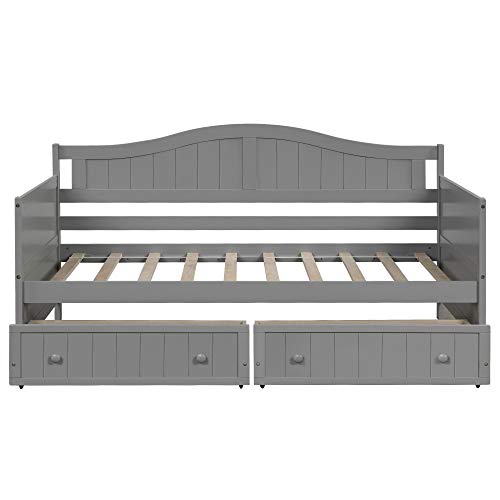 cjc Twin Daybed with 2 Storage Drawers, Wooden Storage Daybed Frame with Slats, Sofa Bed for Bedroom Living Room, 275 lbs Weight Limits (Gray)