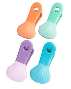 4 pack seashell bag clips, kitchen chip clips set, tight seal for food bags, air tight snack bag grip, no sharp corners, multipurpose bag clips for food storage, assorted colors