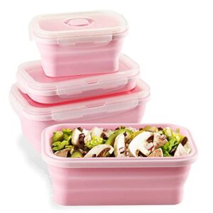 set of 3 collapsible silicone food storage container, leftover meal box for kitchen, bento lunch boxes, bpa free, microwave, dishwasher and freezer safe, foldable thin box design (pink)