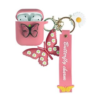 heniu for airpod case, 3d butterfly silicone airpods case cute cover with keychain compatible for apple airpods 2&1 charging case-pink