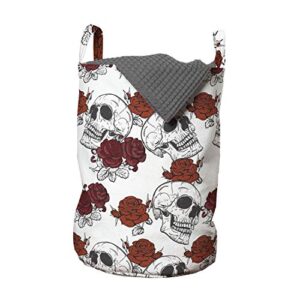 ambesonne skull laundry bag, retro gothic dead head skeleton with roses halloween theme spooky trippy romantic, hamper basket with handles drawstring closure for laundromats, 13" x 19", grey