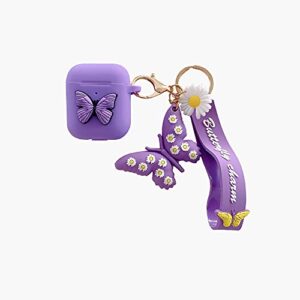 heniu for airpod case, 3d butterfly silicone airpods case cute cover with keychain compatible for apple airpods 2&1 charging case-purple