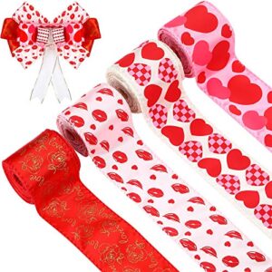 valentine wired edge ribbon, hearts patterned ribbon, heart pattern ribbon for wrapping wreath flowers bows, 2.5 inch x 20 yards in all (light-color style)