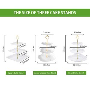 3 Set 3 Tier White Dessert Stands, Plastic Tiered Cake Stands, Fruit Candy Display Includes Square/Sakura-Shaped/Round Dessert Tiered Stand for Wedding Birthday Family Party