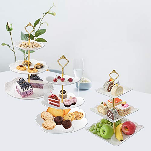 3 Set 3 Tier White Dessert Stands, Plastic Tiered Cake Stands, Fruit Candy Display Includes Square/Sakura-Shaped/Round Dessert Tiered Stand for Wedding Birthday Family Party