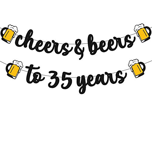 35 Birthday Banner Cheers to 35 Years Decorations for Men Women Him Her Happy 35 Birthday Anniversary Party Supplies Black Glitter PRESTRUNG