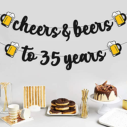 35 Birthday Banner Cheers to 35 Years Decorations for Men Women Him Her Happy 35 Birthday Anniversary Party Supplies Black Glitter PRESTRUNG