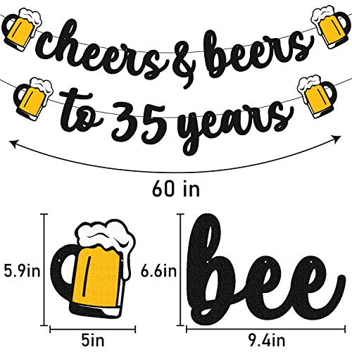 35 Birthday Banner Cheers to 35 Years Decorations for Men Women Him Her Happy 35 Birthday Anniversary Party Supplies Black Glitter PRESTRUNG