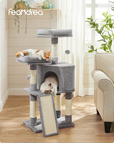 Feandrea Cat Tower, Cat Tree for Indoor Cats, 45.3-Inch Cat Condo with Scratching Post, Ramp, Perch, Spacious Cat Cave, for Kittens, Elderly Cats, Adult Cats, Small Space, Light Gray UPCT141W01