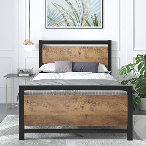 Catrimown Twin Bed Frame Twin Platform Metal Bed Frame with Wooden Headboard and Footboard/Rustic Country Style Mattress Foundation/No Box Spring Needed/Under Bed Storage/Strong Slat Support (Twin)