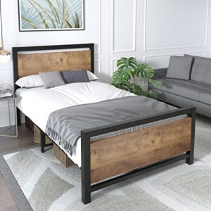 Catrimown Twin Bed Frame Twin Platform Metal Bed Frame with Wooden Headboard and Footboard/Rustic Country Style Mattress Foundation/No Box Spring Needed/Under Bed Storage/Strong Slat Support (Twin)