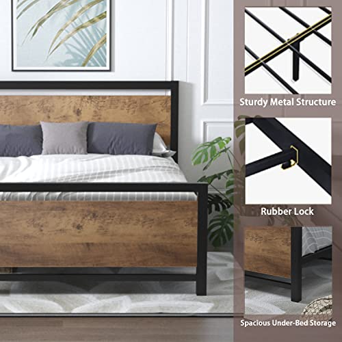 Catrimown Twin Bed Frame Twin Platform Metal Bed Frame with Wooden Headboard and Footboard/Rustic Country Style Mattress Foundation/No Box Spring Needed/Under Bed Storage/Strong Slat Support (Twin)