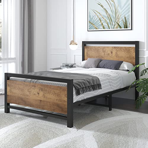 Catrimown Twin Bed Frame Twin Platform Metal Bed Frame with Wooden Headboard and Footboard/Rustic Country Style Mattress Foundation/No Box Spring Needed/Under Bed Storage/Strong Slat Support (Twin)