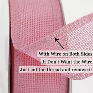 MEEDEE Pink Burlap Ribbon 1.5 Inch Pink Wired Ribbon Light Pink Burlap Ribbon Wired Baby Pink Ribbon for Baby Shower, Crafts, Wreath, Wedding, Gift Wrapping, Garland, Bows Making, Swag (10 Yards)