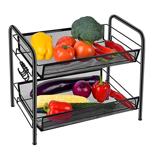 Easyhouse Spice Rack Organizer for Countertop, 2 Tier Fruits/Vegetables Storage Organizer, Standing Shelf with Mesh Baskets for Home, Kitchen, Bathroom, Office, Black