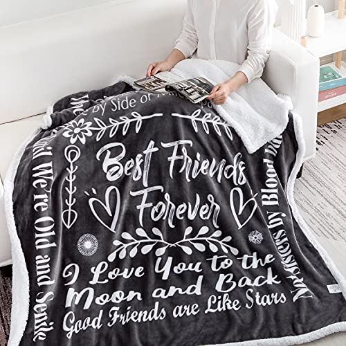 Best Friend Blanket Birthday Gifts - Luxurious Friends Blanket with Loving Messages for Best Friend Birthday Gifts for Women | Snuggly Soft Fleece Blanket, Grey Sherpa