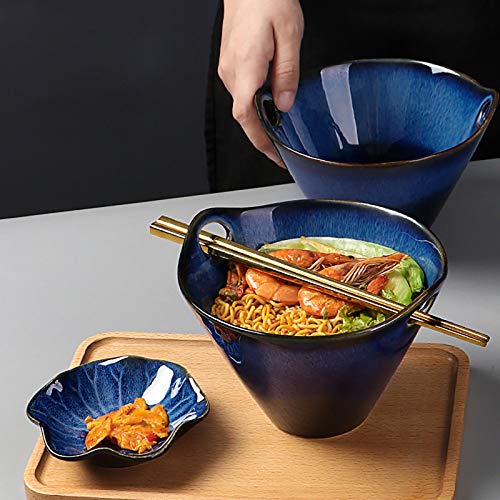 Farielyn-X Porcelain Ramen Bowls Set of 2(8 pcs), 28 Ounce Japanese Ramen Udon Noodle Miso Bowl with Chopsticks & Spoons & Dipping Dishes, Unique Reactive Glaze Bowl, Dishwasher & Microwave Safe