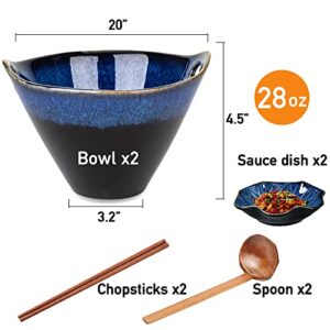 Farielyn-X Porcelain Ramen Bowls Set of 2(8 pcs), 28 Ounce Japanese Ramen Udon Noodle Miso Bowl with Chopsticks & Spoons & Dipping Dishes, Unique Reactive Glaze Bowl, Dishwasher & Microwave Safe