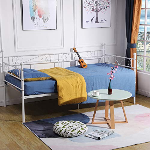 DORAFAIR Daybed Frame Twin Size with Headboard Storage Metal Steel Slates White Platform Bed Base Mattress Foundation Bed Sofa No Box Spring Replacement for Living Room Guest Room