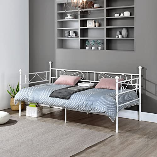 DORAFAIR Daybed Frame Twin Size with Headboard Storage Metal Steel Slates White Platform Bed Base Mattress Foundation Bed Sofa No Box Spring Replacement for Living Room Guest Room