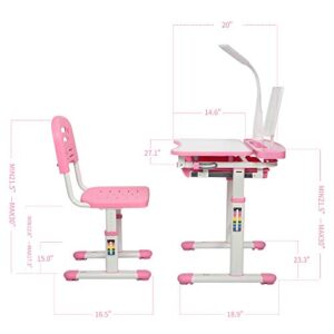 Gowxil Kids Functional Desk and Chair Set, Height Adjustable Children School Study Desk with Tilt Desktop, Bookstand, LED Light, Metal Hook and Storage Drawer for Boys Girls