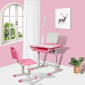 Gowxil Kids Functional Desk and Chair Set, Height Adjustable Children School Study Desk with Tilt Desktop, Bookstand, LED Light, Metal Hook and Storage Drawer for Boys Girls