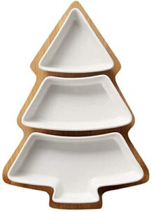 doitool christmas ceramic serving dish removable xmas tree snack appetizer tray dessert platter porcelain jewelry plate with bamboo base for holiday wedding home party white