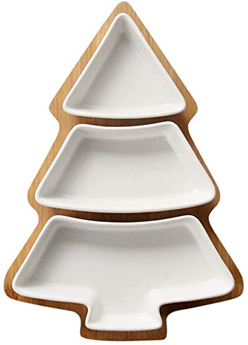 DOITOOL Christmas Ceramic Serving Dish Removable Xmas Tree Snack Appetizer Tray Dessert Platter Porcelain Jewelry Plate with Bamboo Base for Holiday Wedding Home Party White