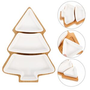 DOITOOL Christmas Ceramic Serving Dish Removable Xmas Tree Snack Appetizer Tray Dessert Platter Porcelain Jewelry Plate with Bamboo Base for Holiday Wedding Home Party White