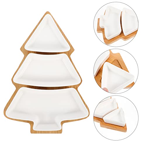 DOITOOL Christmas Ceramic Serving Dish Removable Xmas Tree Snack Appetizer Tray Dessert Platter Porcelain Jewelry Plate with Bamboo Base for Holiday Wedding Home Party White