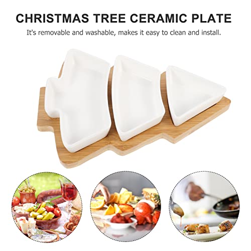 DOITOOL Christmas Ceramic Serving Dish Removable Xmas Tree Snack Appetizer Tray Dessert Platter Porcelain Jewelry Plate with Bamboo Base for Holiday Wedding Home Party White