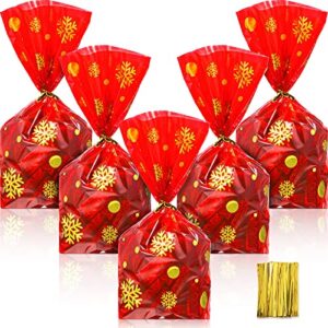 outus 50 pieces christmas favor bags snowflake pattern treat bags flat cellophane plastic party bags for bakery, popcorn, cookies, candies and dessert with 100 pieces twist ties (red with gold)