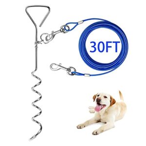 dog tie out cable and stake, 30ft outside dog leash&chain for camping and yard, 16'' heavy duty anti rust spiral stake for medium-large dogs up to 125 lbs (30ft, blue)