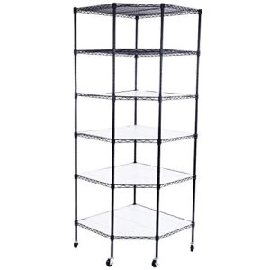 wei wei global 6 tiers polygonal corner shelf, metal storage standing rack w/wheels, wire shelving unit for kitchen, garage and living room (black)