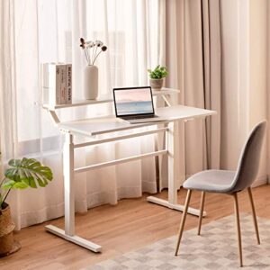 tangkula standing desk, 2-tier height adjustable sit to standing desk, computer desk workstation with monitor stand & foldable crank handle, ergonomic home office desk (white)
