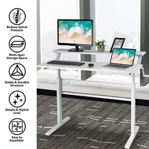 Tangkula Standing Desk, 2-Tier Height Adjustable Sit to Standing Desk, Computer Desk Workstation with Monitor Stand & Foldable Crank Handle, Ergonomic Home Office Desk (White)