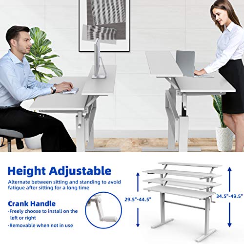 Tangkula Standing Desk, 2-Tier Height Adjustable Sit to Standing Desk, Computer Desk Workstation with Monitor Stand & Foldable Crank Handle, Ergonomic Home Office Desk (White)