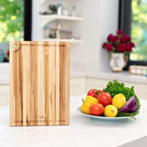 BEEFURNI Teak Wood Cutting Board with Juice Groove, Small Wooden Cutting Boards for Kitchen, Hanging Chopping Board, Mothers Day Gifts, 1 Year Warranty, (Small, 14 x 10 x 0.6 inches)