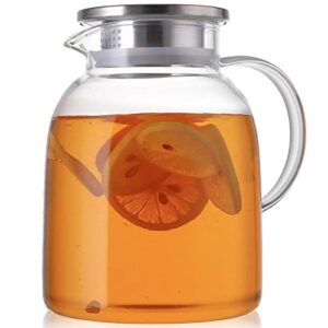 hedume 2 liter 68 ounces glass pitcher with lid, large heat resistant glass beverage pitcher, glass water pitcher with lid and handle, carafe for iced tea, wine, coffee, milk and juice beverage