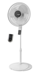 lasko s16614 oscillating 16″ adjustable pedestal stand fan with timer, thermostat and remote for indoor, bedroom, living room, home office & college dorm use, 16 inch, white
